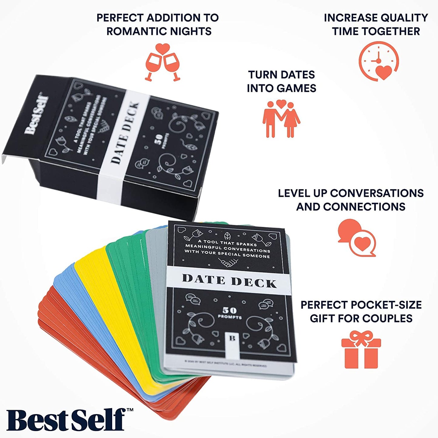 Date Deck by BestSelf — Exciting, Engaging, and Though-Provoking Conversation Prompts Perfect for Unlocking Connection, Companionship and Meaningful Discussion — 50 Cards